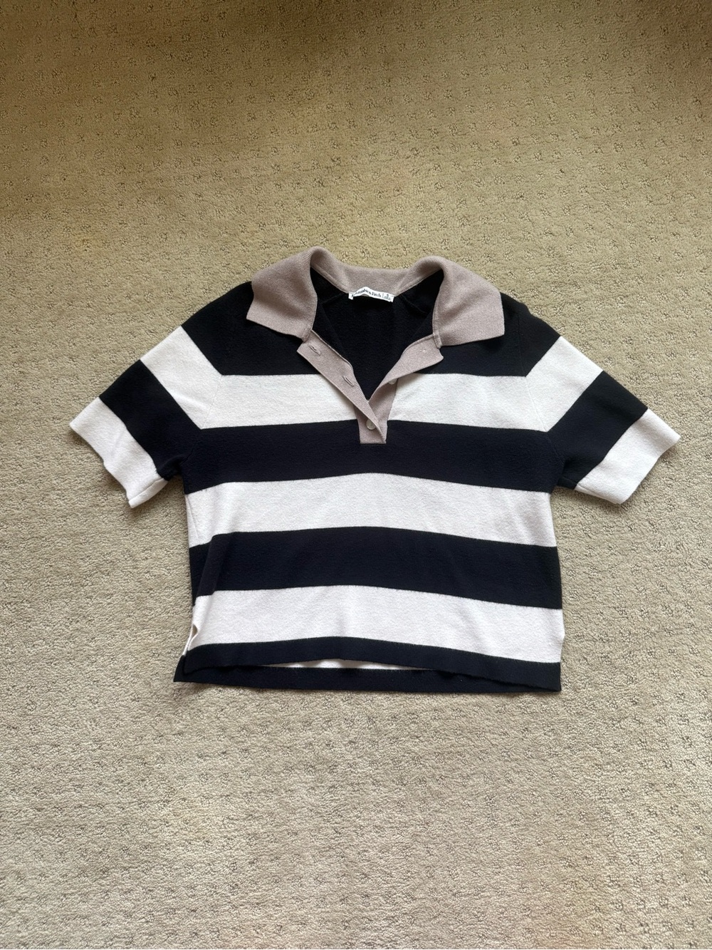 Abercrombie Striped Polo Crop Top in Black & White with Taupe Collar
